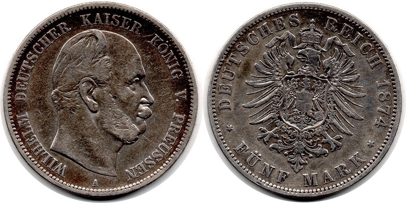 Preussen, Kaiserreich  5 Mark  1874 A  FM-Frankfurt Feingewicht: 25g Silber   sehr schön   