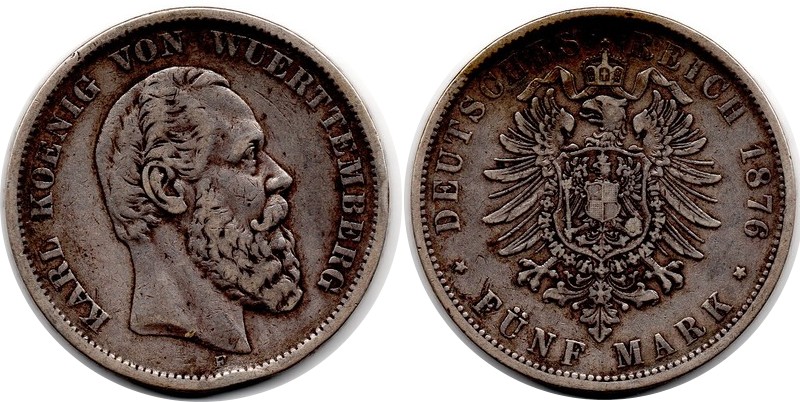  Württemberg, Kaiserreich  5 Mark  1876 F FM-Frankfurt Feingewicht: 25g Silber  sehr schön   