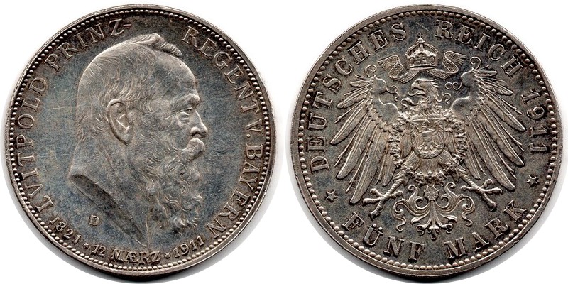  Bayern, Kaiserreich  5 Mark 1911 D  FM-Frankfurt Feingewicht: 25g Silber  sehr schön   