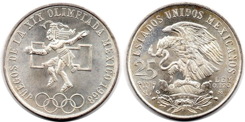  Mexiko  25 Pesos  1968  FM-Frankfurt  Feingewicht: 16,2g  Silber   sehr schön/vorzüglich   