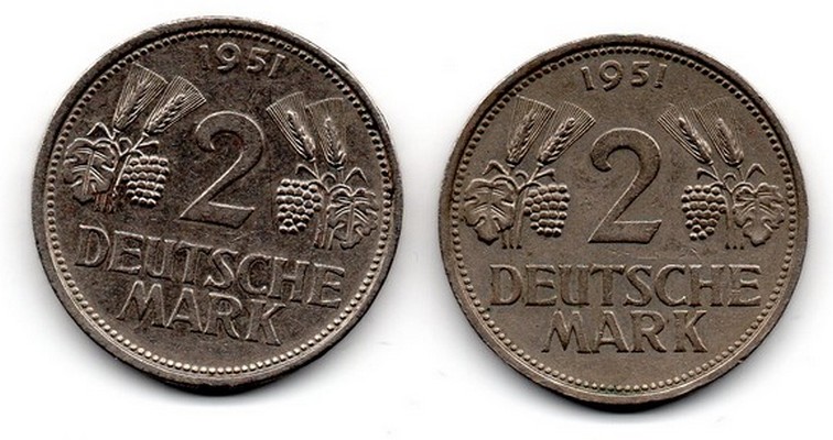  BRD  2 x 2 DM  1951 D,F  FM-Frankfurt Raugewicht: 2 x 7g Kupfer/Nickel sehr schön   