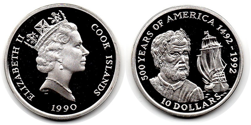  Cook Islands  10 Dollar  1990  FM-Frankfurt Feingewicht: 9,25g Silber PP 500 J Entdeckung Amerika   