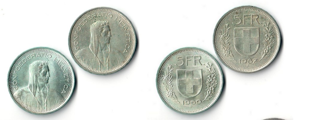  Schweiz 2x 5 Franken  1967/1969   FM-Frankfurt Feingewicht: 2x 12.52g Silber vorzüglich/sehr schön   