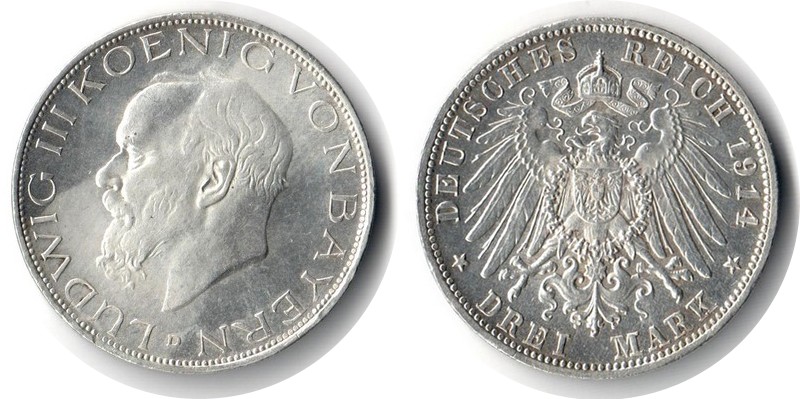  Bayern, Kaiserreich  3 Mark  1914 D  FM-Frankfurt Feingewicht: 15g Silber sehr schön/vz   