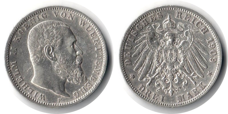  Württemberg, Kaiserreich  3 Mark  1909 F  FM-Frankfurt Feingewicht: 15g Silber sehr schön   
