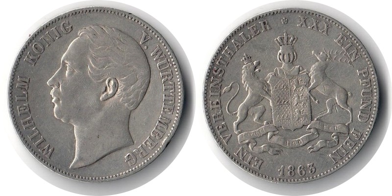  Württemberg  Taler   1863  FM-Frankfurt  Feingewicht: 16,66g  Silber sehr schön   