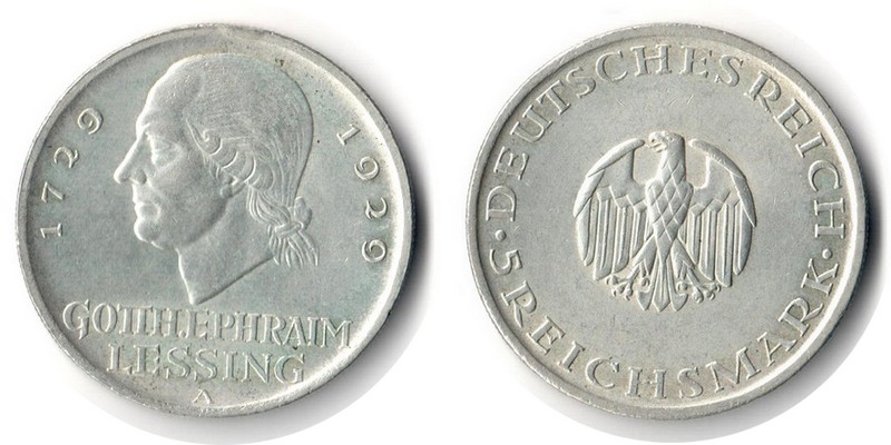  Deutschland, Weimarer Rep.  5 Reichsmark  1929 A FM-Frankfurt  Feingewicht: 12,5g Silber vz   