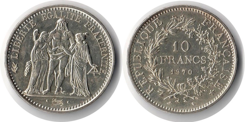  Frankreich  10 Francs  1970  FM-Frankfurt  Feingewicht: 22,5g  Silber ss/vorzüglich   