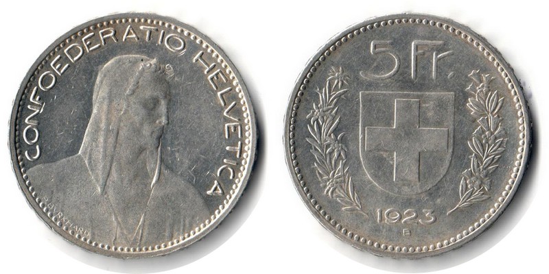  Schweiz  5 Franken  1923   FM-Frankfurt Feingewicht:  22,42g Silber sehr schön   