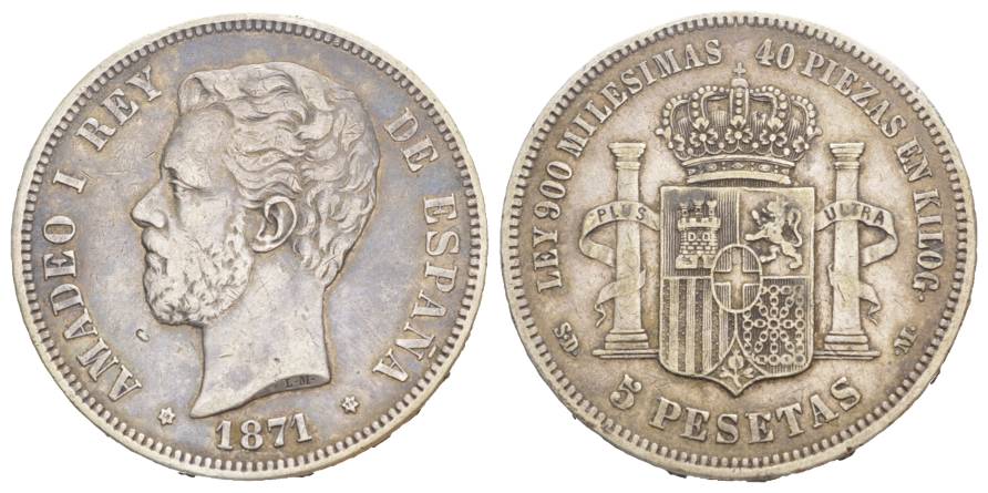  Spanien, 5 Pesetas, 1871   