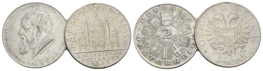  Österreich, 2 Schilling 1929/1937 (2 Kleinmünzen)   