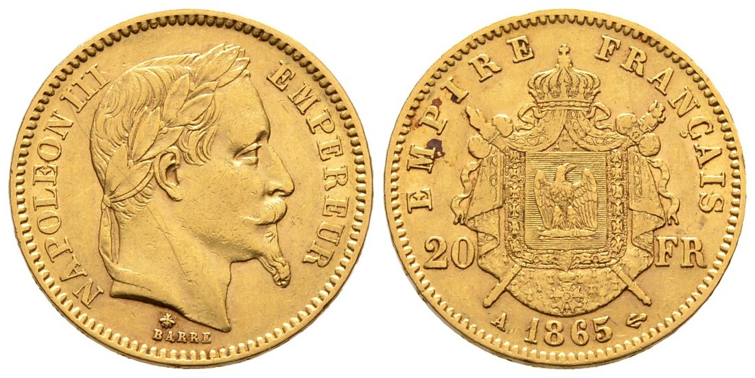PEUS 8412 Frankreich 5,81 g Feingold. Napoleon III. (1852-1870) 20 Francs GOLD 1865 A Sehr schön