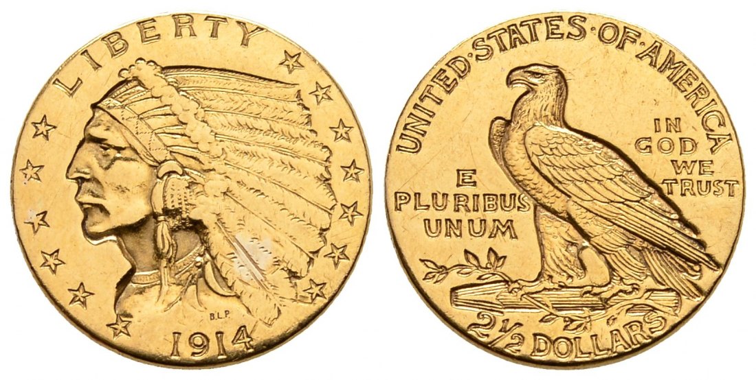 PEUS 8413 USA 3,76 g Feingold. Indian Head 2 1/2 Dollars GOLD 1914 Sehr schön