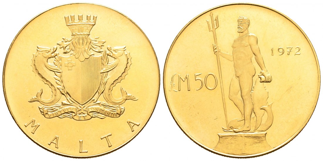 PEUS 8416 Malta 27,5 g Feingold. Wappen / Neptun Statue Valetta 50 Pounds GOLD 1972 Impaired Proof / Vorzüglich aus PP