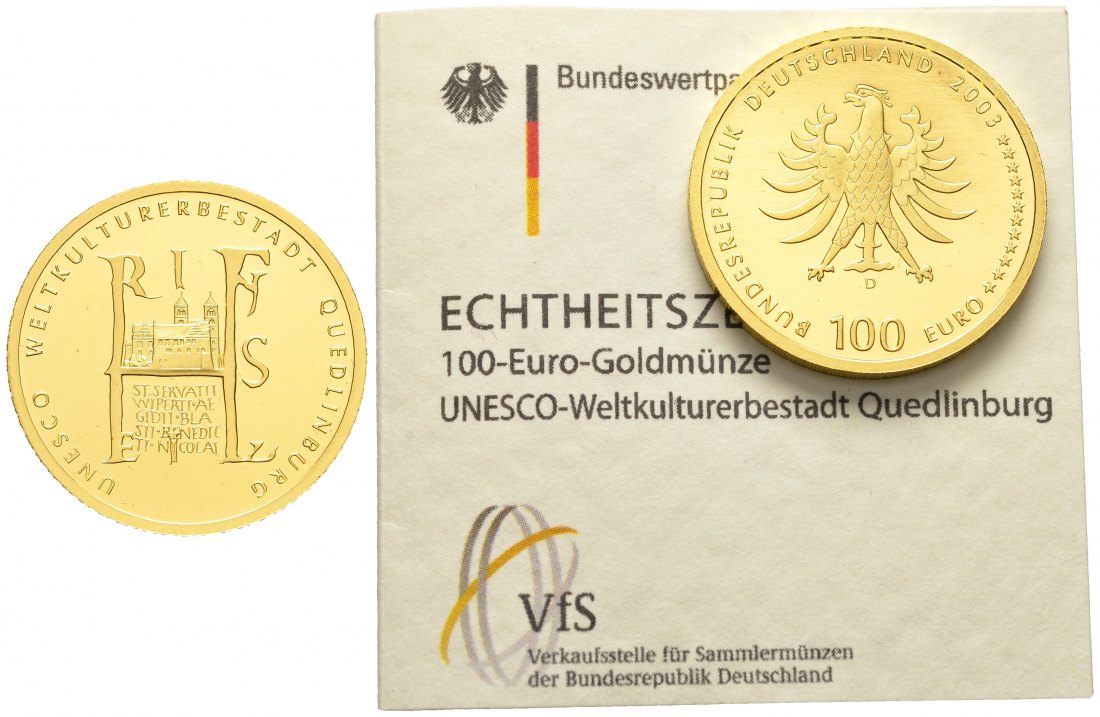PEUS 8420 BRD 15,55 g Feingold. Quedlinburg mit Zertifikat 100 Euro GOLD 2003 D München Stempelglanz (in Kapsel)
