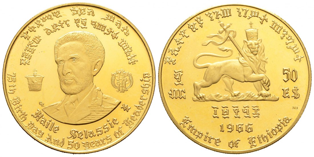 PEUS 8423 Äthiopien / Ethiopia 18 g Feingold. Haile Selassie I. 50 Dollars GOLD EE 1958(1966) Impaired Proof / Vz + aus PP