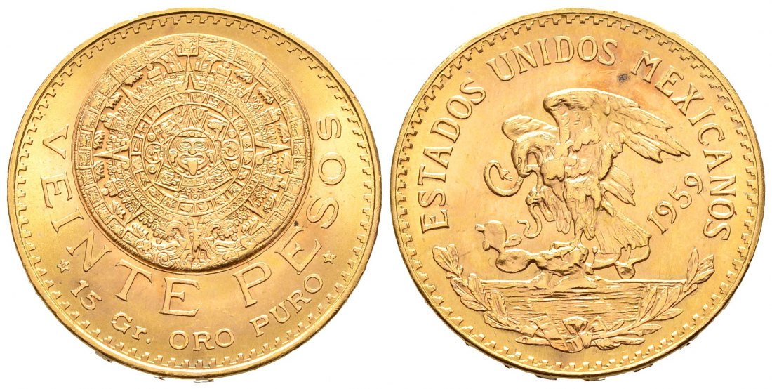 PEUS 8424 Mexiko 15 g Feingold 20 Pesos GOLD 1959 Fleckig, Vorzüglich
