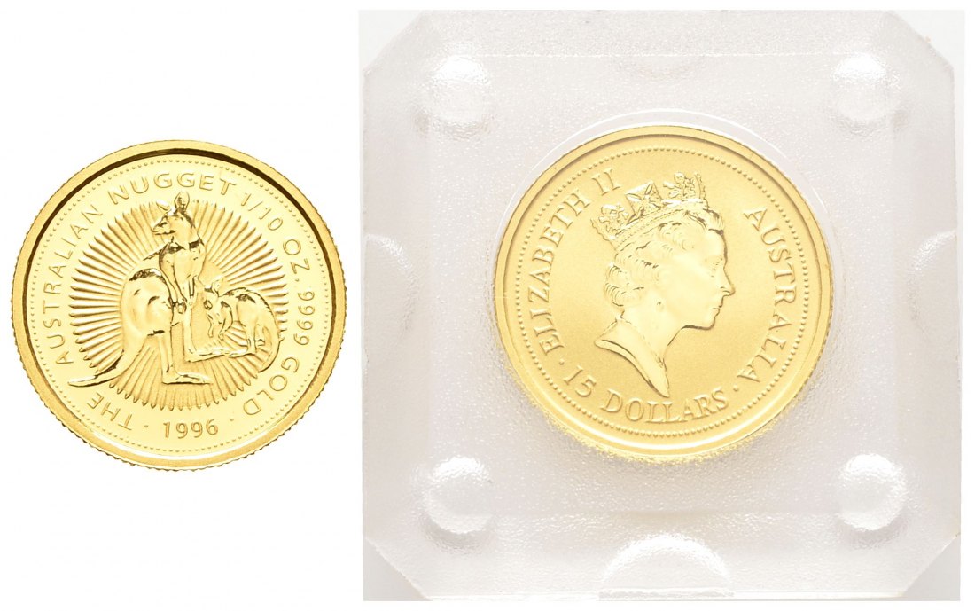 PEUS 8427 Australien 3,11 g Feingold. Zwei Kängurus 15 Dollars GOLD 1/10 Unze 1996 Uncirculated (in Originalkapsel)