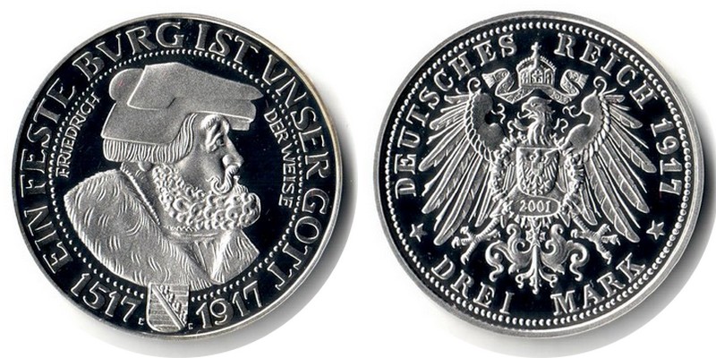  Deutschland  Replik   3 Mark  1917/2001  Feingewicht: 13,93g Silber FM-Frankfurt   spiegelglanz   