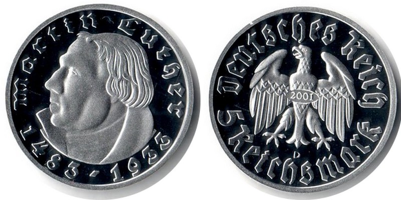  Deutschland  Replik   5 Reichsmark  1933/2001 Feingewicht:13,78g Silber  FM-Frankfurt  spiegelglanz   