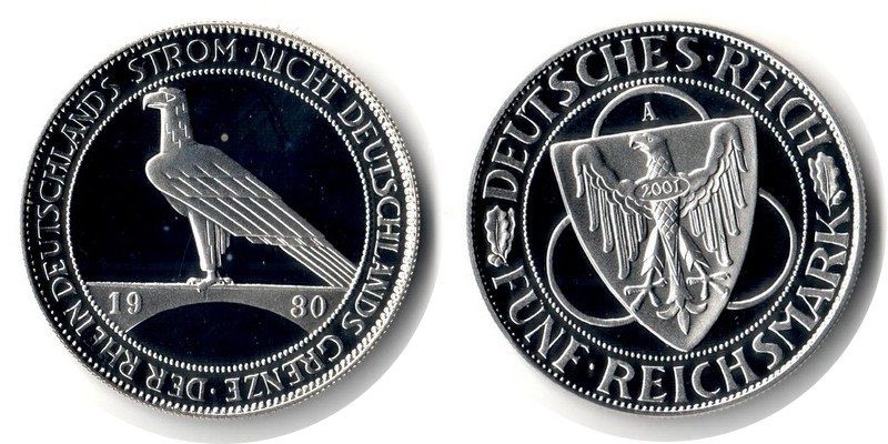  Deutschland  Replik  5 Reichsmark  1930/2001   FM-Frankfurt Feingewicht: 24,5g Silber  spiegelglanz   