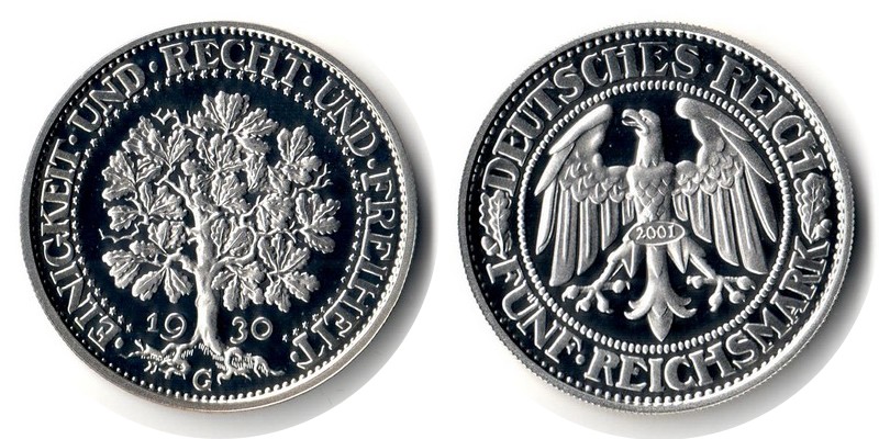  Deutschland  Replik   5 Reichsmark  1930/2001   FM-Frankfurt Feingewicht: 23,31g Silber spiegelglanz   
