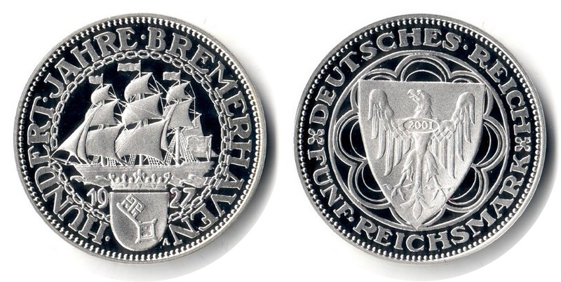  Deutschland  Replik   5 Reichsmark  1927/2001 Feingewicht: 23,12g Silber FM-Frankfurt   spiegelglanz   