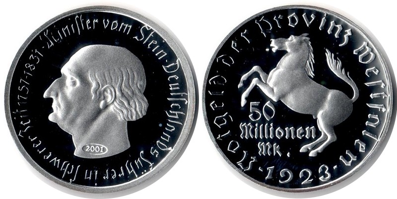  Deutschland  Replik   50 Millionen Mark  1923/2001 Feingewicht: 23,125g Silber  FM-Frankfurt    pp   