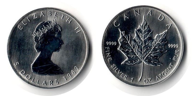  Kanada  5 Dollar (Maple Leaf) 1989 FM-Frankfurt Feingewicht: 31,1g Silber vorzüglich   