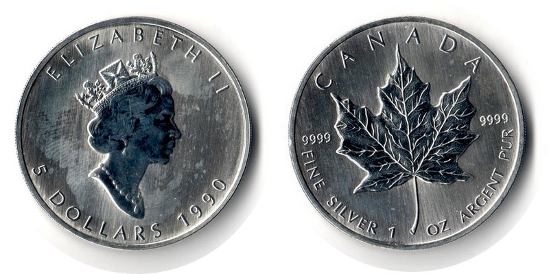  Kanada  5 Dollar (Maple Leaf) 1990  FM-Frankfurt Feingewicht: 31,1g Silber vz (fleckig)   