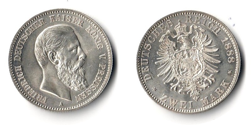  Preussen, Kaiserreich  2 Mark  1888 A  FM-Frankfurt Feingewicht: 10g Silber vz/sehr schön   