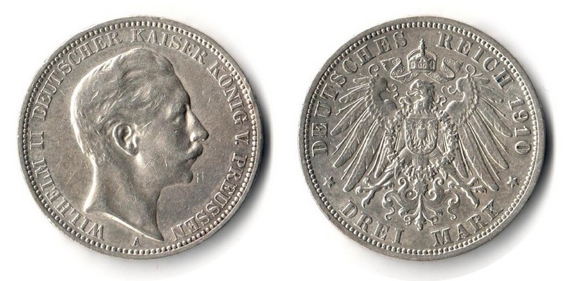 Preussen, Kaiserreich  3 Mark  1910 A  FM-Frankfurt Feingewicht: 15g Silber sehr schön   