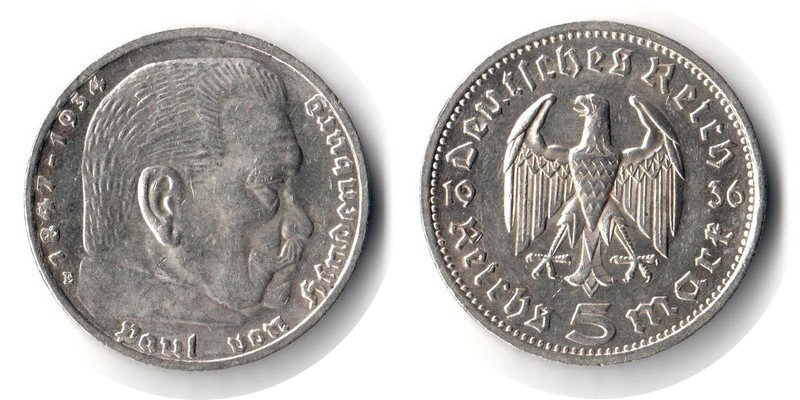  Deutschland, Drittes Reich  5 Reichsmark  1936  FM-Frankfurt Feingewicht: 12,5g Silber ss/vz   