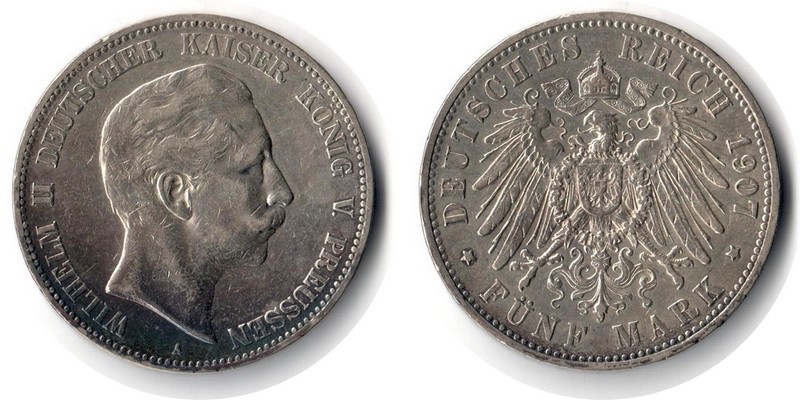  Preussen, Kaiserreich  5 Mark  1907 A  FM-Frankfurt Feingewicht: 25g Silber sehr schön   