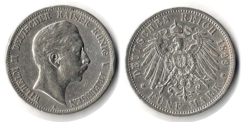  Preussen, Kaiserreich  5 Mark  1899 A  FM-Frankfurt Feingewicht: 25g Silber  sehr schön   