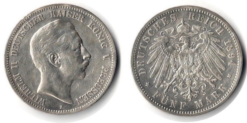  Preussen, Kaiserreich  5 Mark  1894 A  FM-Frankfurt Feingewicht: 25g Silber sehr schön   