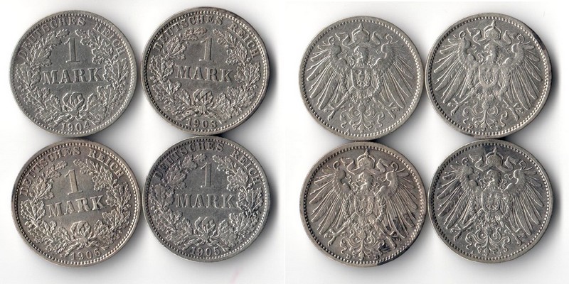  Kaiserreich  4x 1 Mark 1903/04/05/06  FM-Frankfurt Feingewicht: ges. 20g Silber sehr schön   