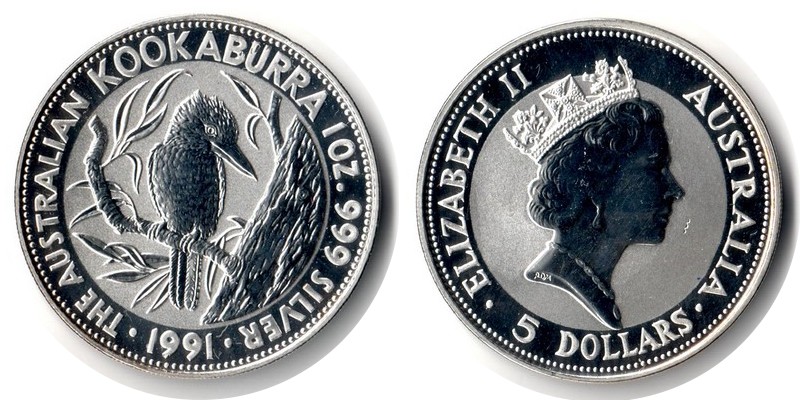  Australien  5 Dollar (Kookaburra) 1991  FM-Frankfurt Feingewicht: 31,1g Silber  vorzüglich   