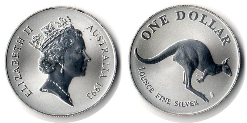  Australien  1 Dollar  1993  FM-Frankfurt Feingewicht: 31,1g Silber  vorzüglich  (Kangaroo)   