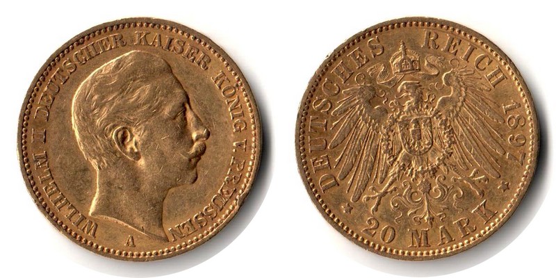 Preussen, Königreich MM-Frankfurt Feingewicht: 7,17g Gold 20 Mark 1897 A sehr schön