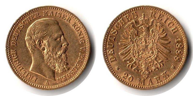 Preussen, Kaiserreich MM-Frankfurt Feingewicht: 7,17g Gold 20 Mark 1888 A sehr schön