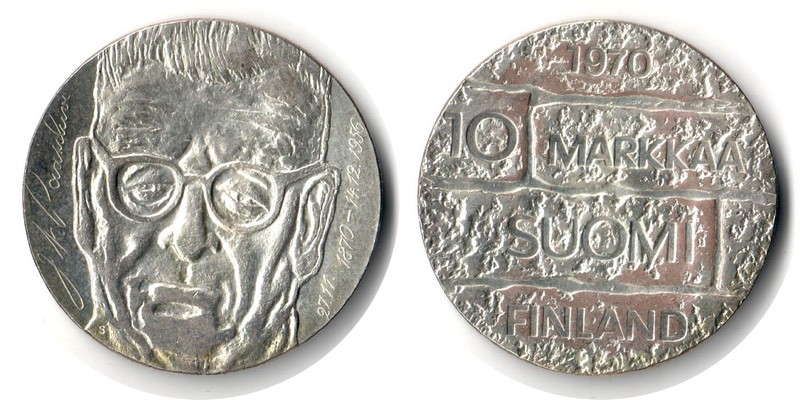  Finnland  10 Markkaa  1970  FM-Frankfurt  Feingewicht: 11,38g  Silber  vorzüglich (Patina)   