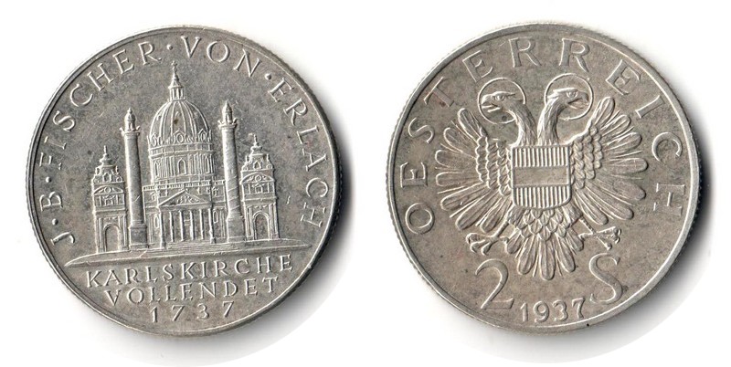  Österreich  2 Schilling 1937  FM-Frankfurt  Feingewicht: 7,68g Silber sehr schön   