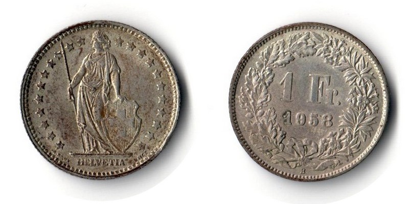  Schweiz  1 Franken  1958  FM-Frankfurt Feingewicht: 4,18g Silber sehr schön   