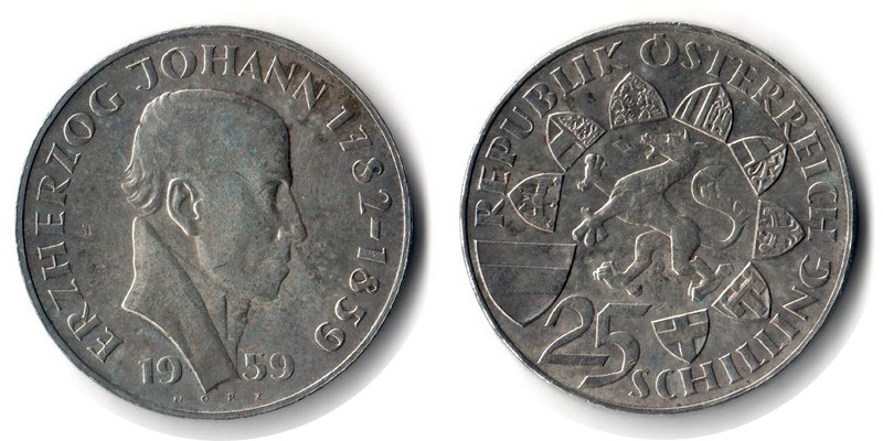  Österreich  25 Schilling 1959  FM-Frankfurt  Feingewicht: 10,4g Silber sehr schön   