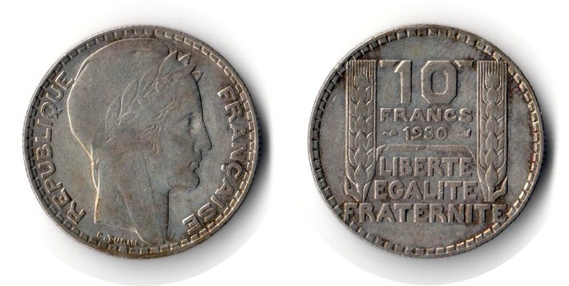  Frankreich  10 Francs  1930  FM-Frankfurt  Feingewicht: 6,8g  Silber sehr schön   