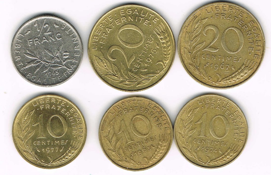  Frankreich 6 Klein Münzen 1/2 Franc, 2 x 20 Centime, 3 x 10 Centime 1965-1977 beschrieben   