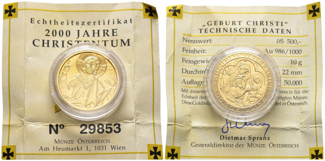 PEUS 8515 Österreich 8 g Feingold. 2000 Jahre Christentum - Geburt Christi + Zertifikat 500 Schilling GOLD 2000 Polierte Platte