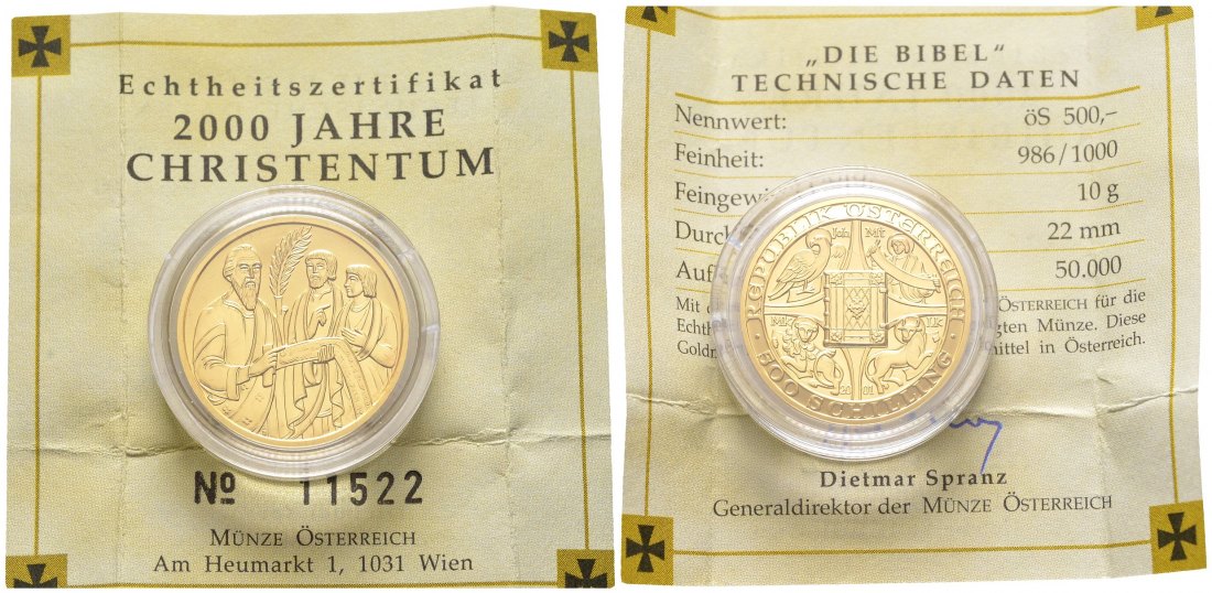 PEUS 8516 Österreich 10 g Feingold. Die Bibel incl. Zertifikat 500 Schilling GOLD 2001 Stempelglanz