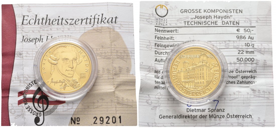 PEUS 8518 Österreich 10 g Feingold. Joseph Haydn incl. Zertifikat 50 Euro GOLD 2004 Proof